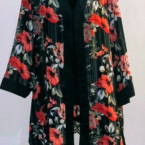 Avenue Black Floral Open-Front Cardigan with Red Poppy Print